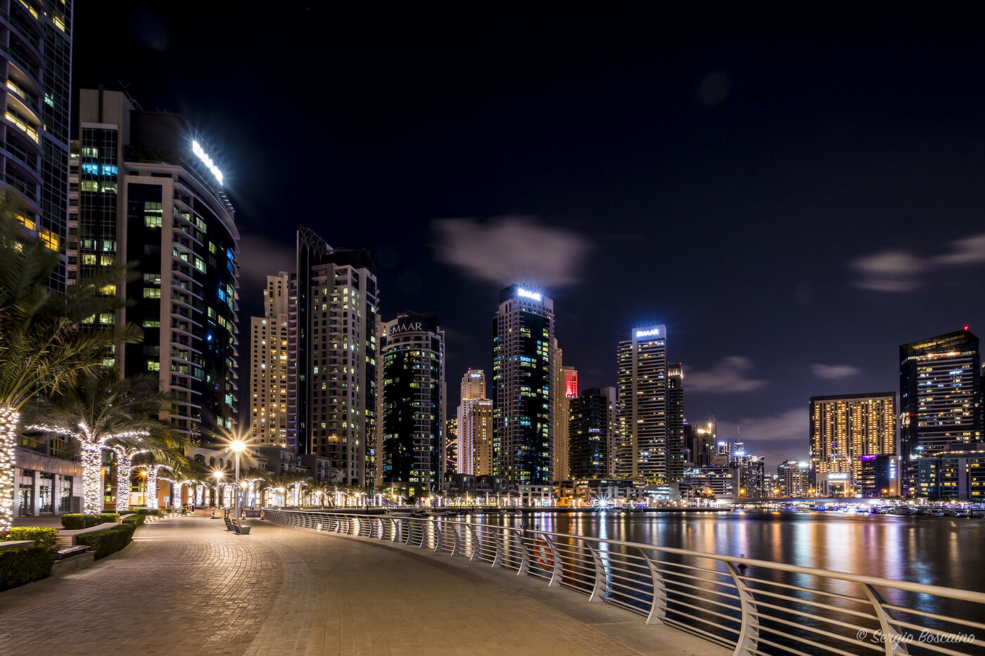 Dubai Marina promenade path at night